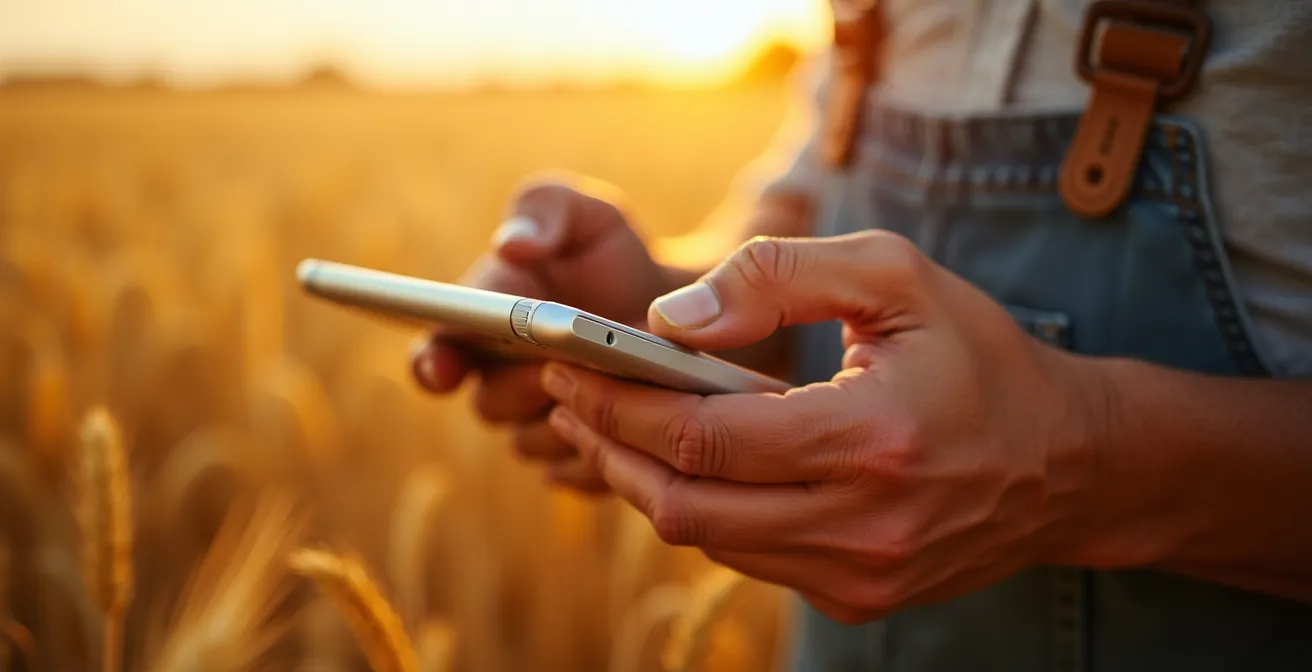 Main d'agriculteur tenant une tablette dans un champ de blé au lever du soleil
