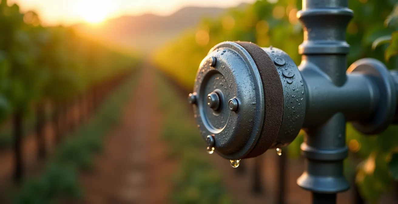 Capteur météo connecté dans un vignoble au crépuscule