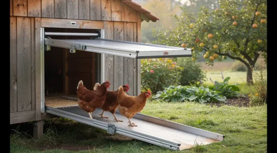 Poules traversant une porte de poulailler automatique ouverte au petit matin