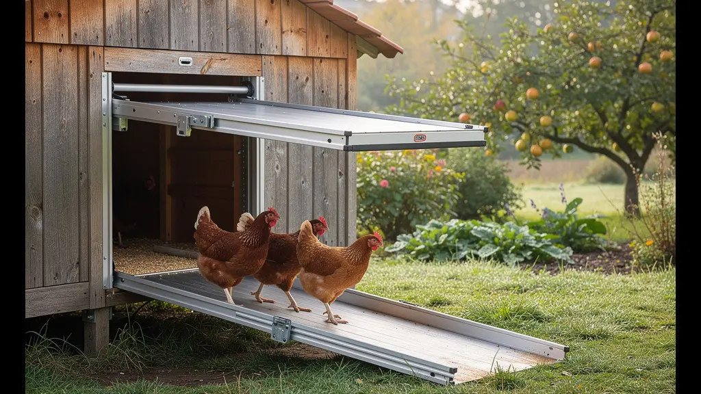 Poules traversant une porte de poulailler automatique ouverte au petit matin