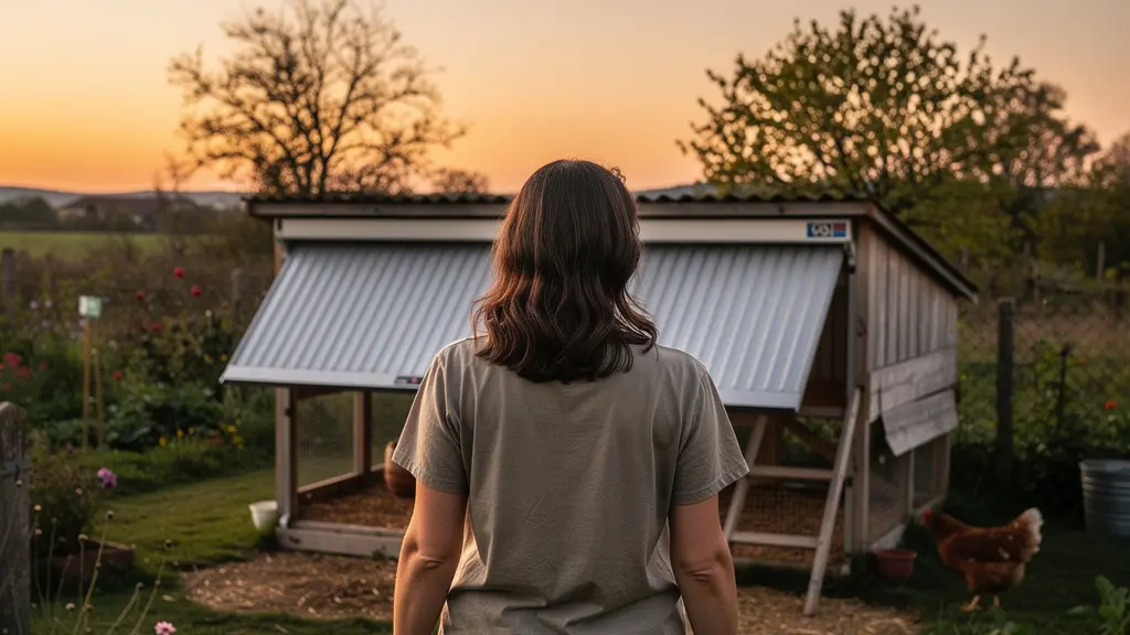 Personne observant la fermeture automatique de son poulailler au crépuscule