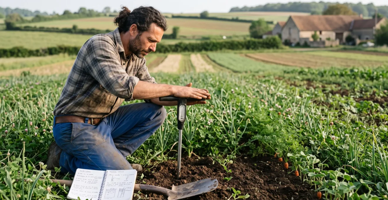 Un agriculteur s'agenouille dans une parcelle cultivée et enfonce un pénétromètre dans le sol pour évaluer sa structure.