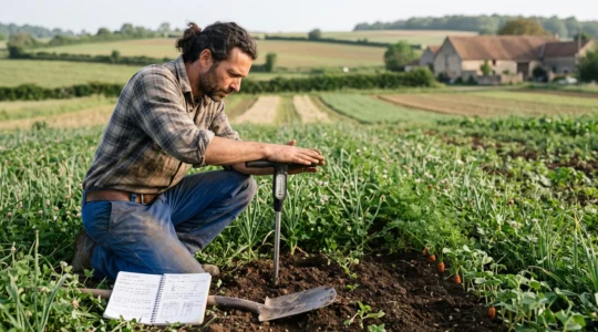 Un agriculteur s'agenouille dans une parcelle cultivée et enfonce un pénétromètre dans le sol pour évaluer sa structure.