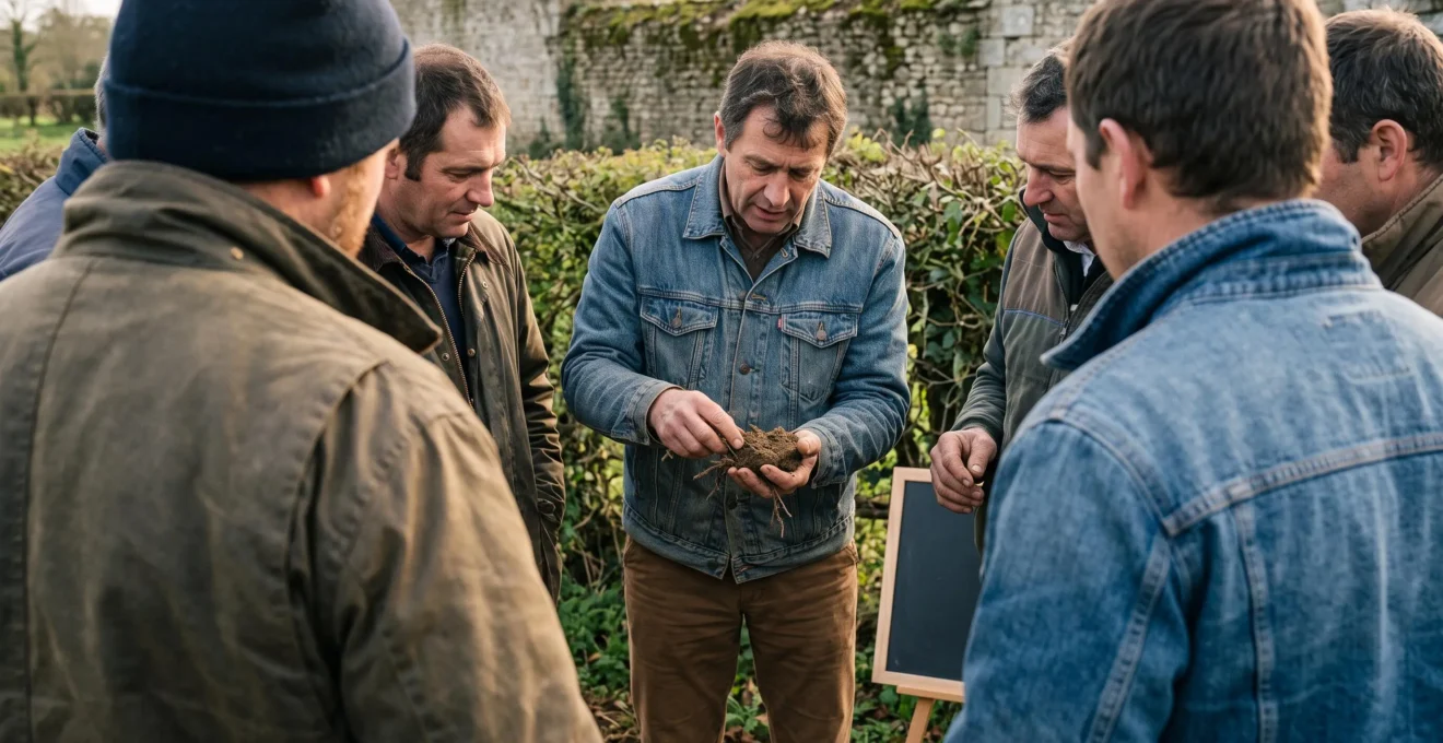 Un formateur montre une motte de terre à un groupe d'agriculteurs réunis en bord de parcelle lors d'une session de formation.